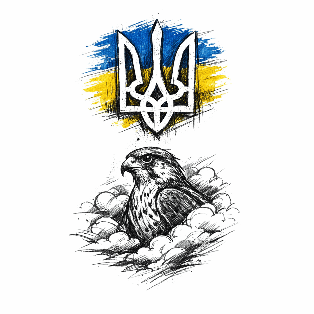A Falcon In The Clouds Below, The Coat Of Arms Of Ukraine, A Trident On A Blue And Yellow Background