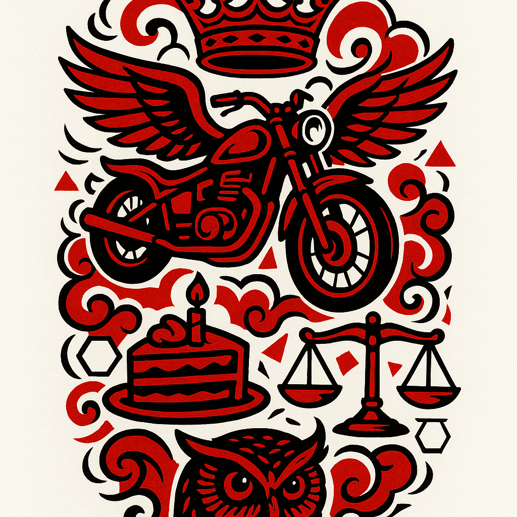 Motorbike With Wings, Crown, Cake, Scales, Owl. Lines, Triangles, Hexagons. Black And Red Colors Tattoo