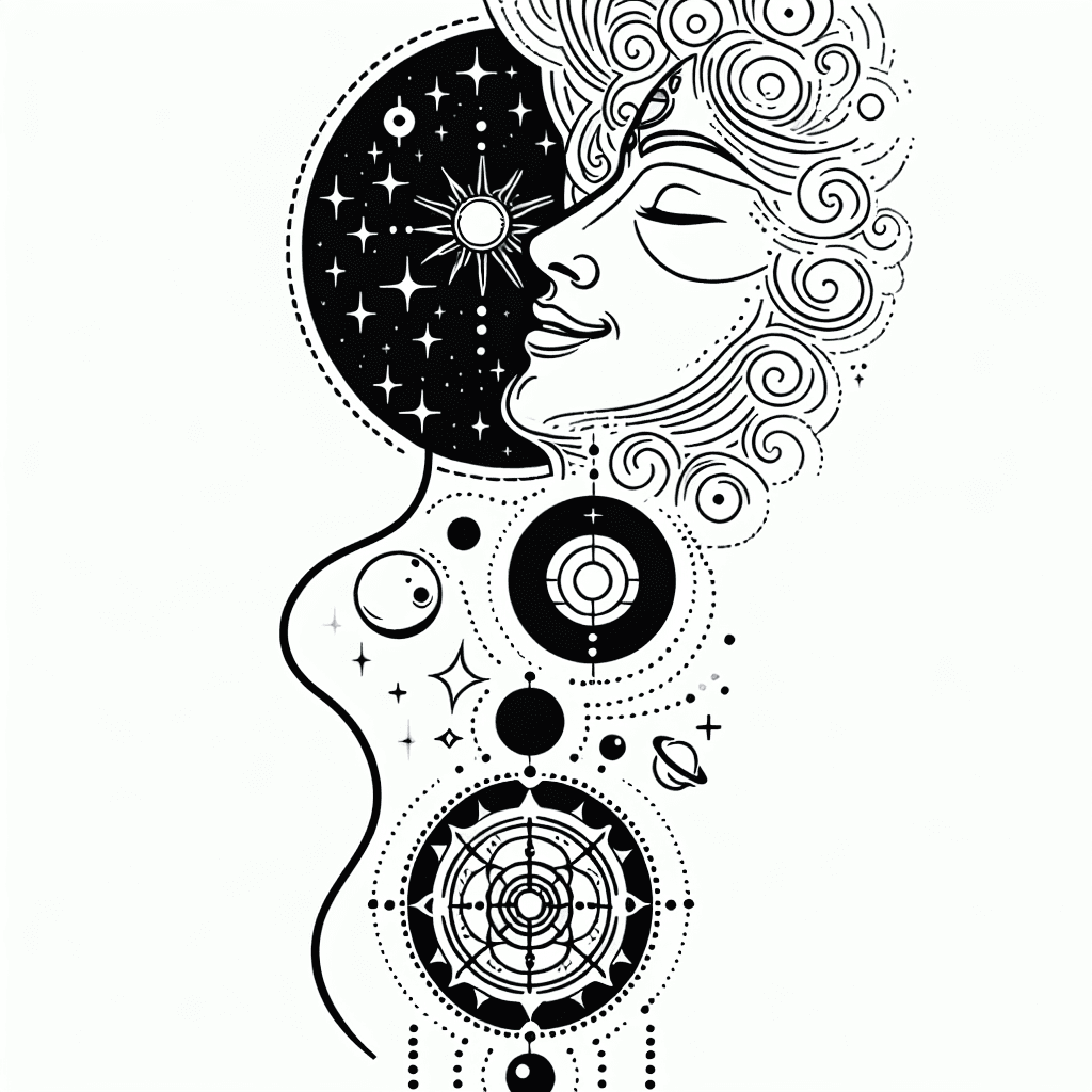 Half Image Of God Vishnu With Happy Face, Dreaming The Creation Of Universe , Top The Image Add Small Modern Satellites, Planets, Stars And Place Kundalin 7 Chakras And Human Evolution Realistic