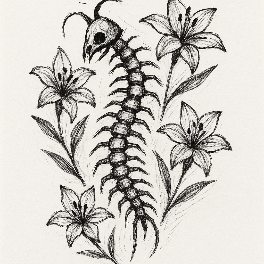 A Centipede Skeleton In Black Bold Realism With 4 Mini Lily Flowers Around It