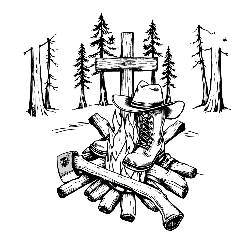 A Firemans Ax Laying In Front Of Campfire With A Pair Of Cowboy Boots With A Cowboy Hat, Resting On Top With An Old Rugged Cross In The Woods