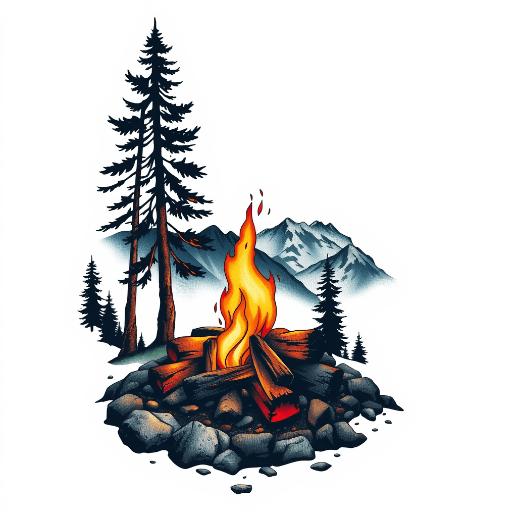 A Crackling Campfire In The Mountains At Night