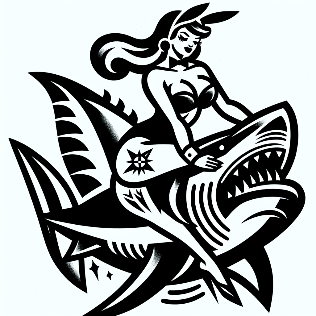 Traditional "Woman in bikini with bunny ears riding a giant shark" Tattoo Design