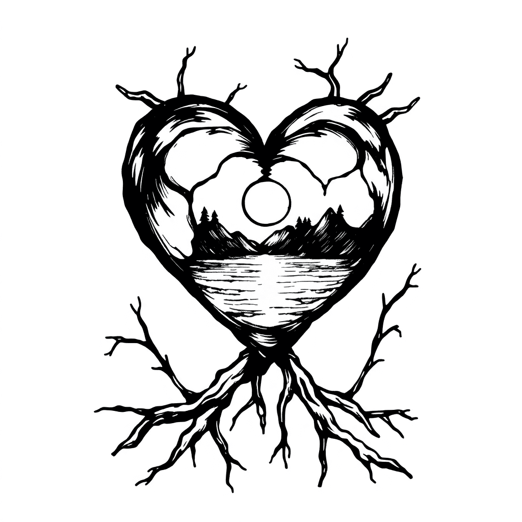 Realistic Heart With Roots Leading Into A Frozen Lake