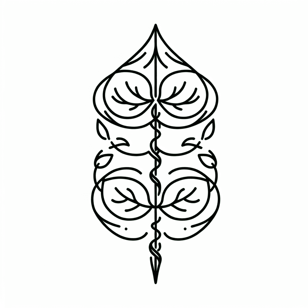 Single line "A crotch tattoo of an intricate spade vine design inspired by the concept of rebirth, like a spinal column" Tattoo Design