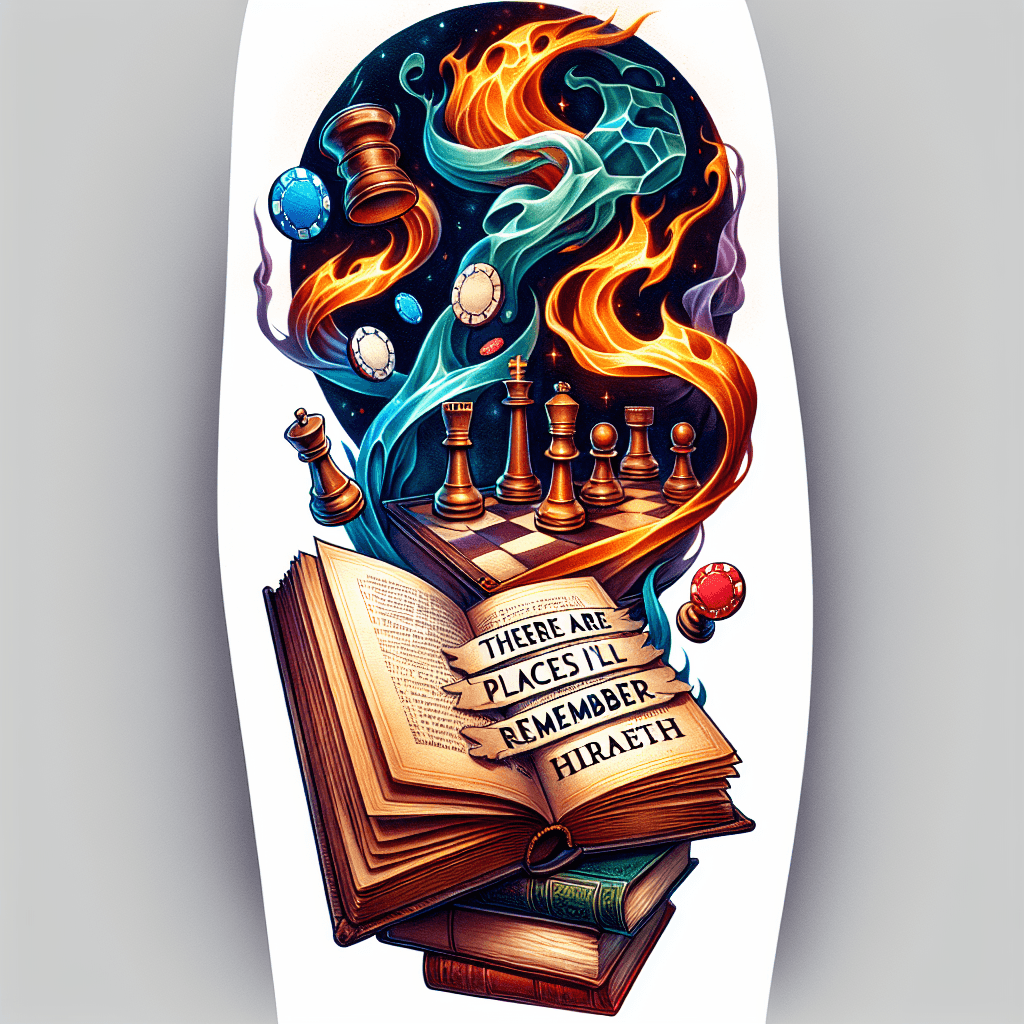 Fantasy Style Forearm Tattoo Of An Opened Antique Book Titled “hiraeth” With Poker Chips And Chess Pieces Rising Up And Floating Out With Smoke Intertwining And The Words “there Are Places I’ll Remem