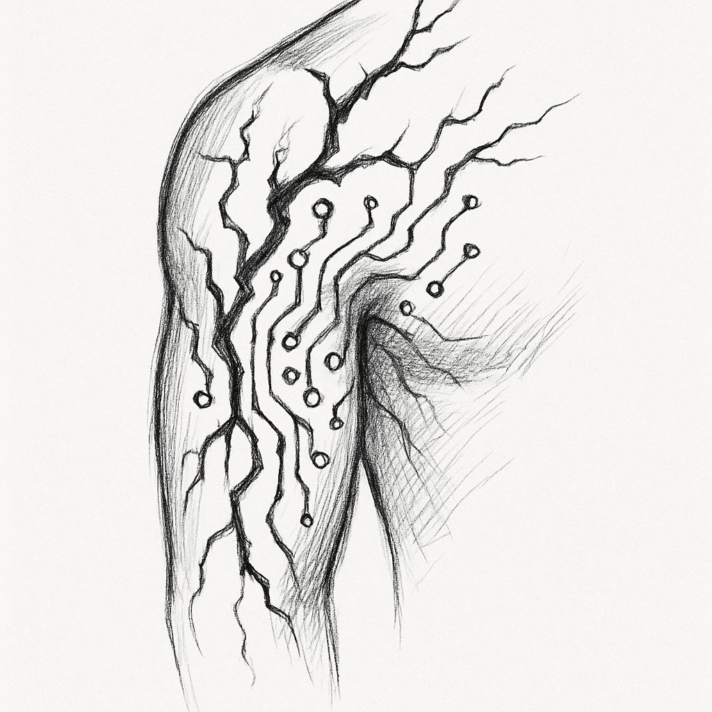 Upper Arm And Shoulder Tattoo Consisting Of Lightning-like Lines And Organic Circuitry