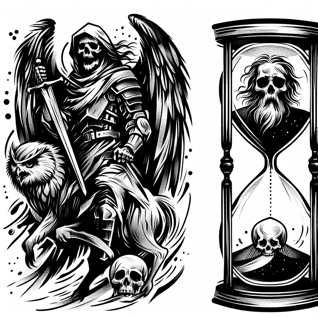A Warrior, Owl Defeating Death Also Including A Skull And A Sandclock.
