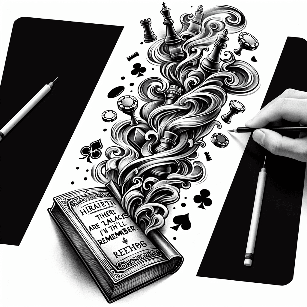 Fantasy Style Forearm Tattoo Of An Opened Antique Book Titled “hiraeth” With Poker Chips And Chess Pieces Rising Up And Floating Out With Smoke Intertwining And The Words “there Are Places I’ll Remem