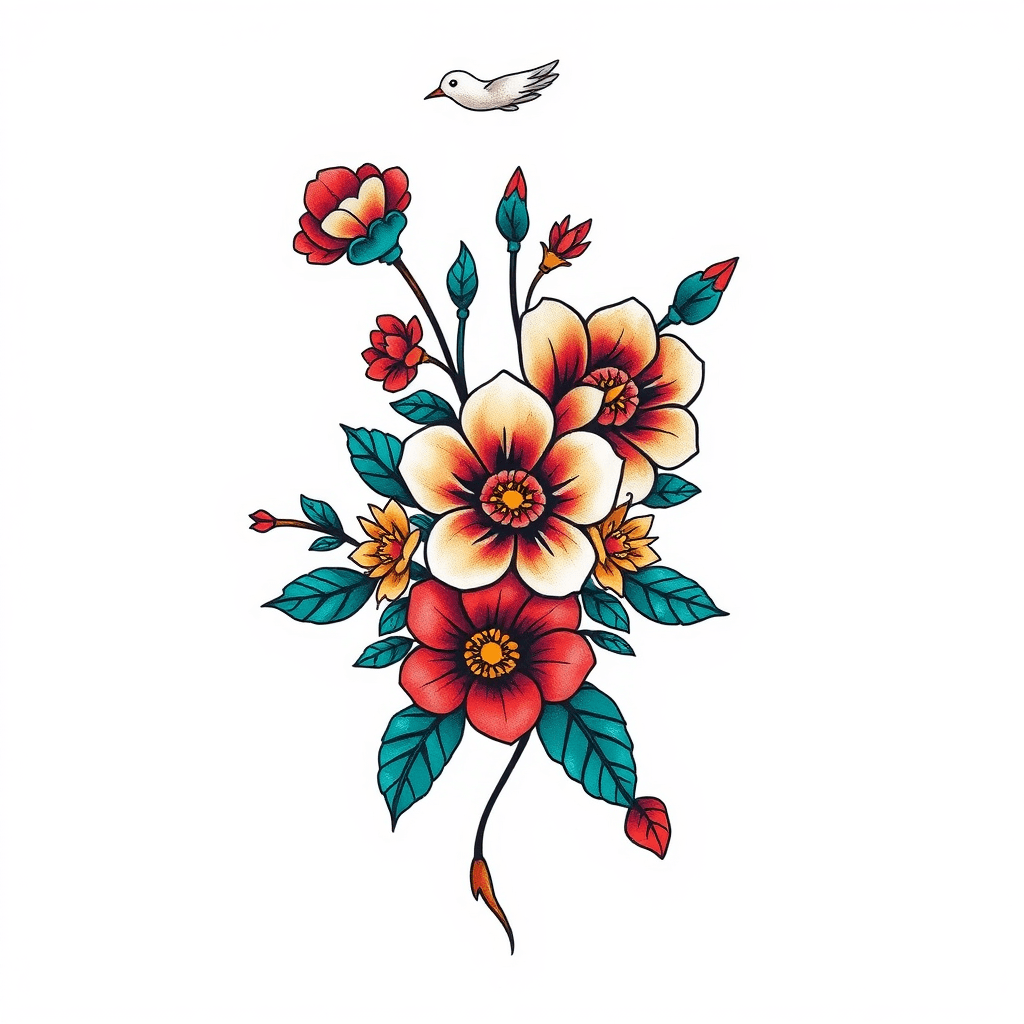 Traditional "Flowers asymmetrical on lower back cover-up existing." Tattoo Design