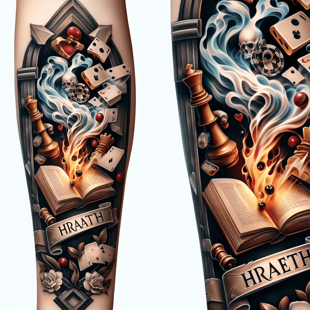 Forearm Tattoo Of An Open Book With Poker Chips And Chess Pieces Shooting Out With Smoke And Mist With “hiraeth” Carved In A Stone Banner And Framed With An Ornate Border