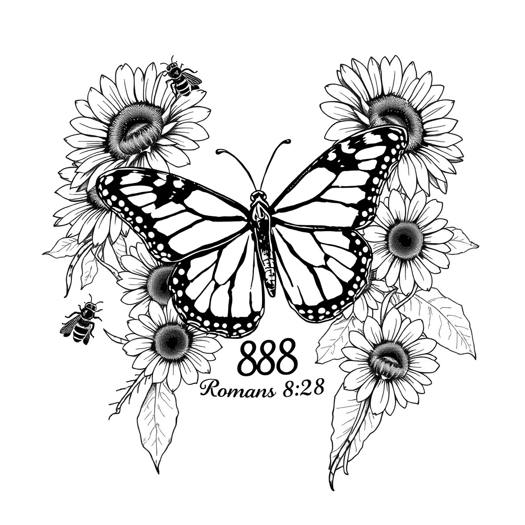 Sunflowers With Bumblebees And A Huge Monarch Butterfly In The Middle, It Should Also Have The Number 888 And The Bible Verse Romans 8:28