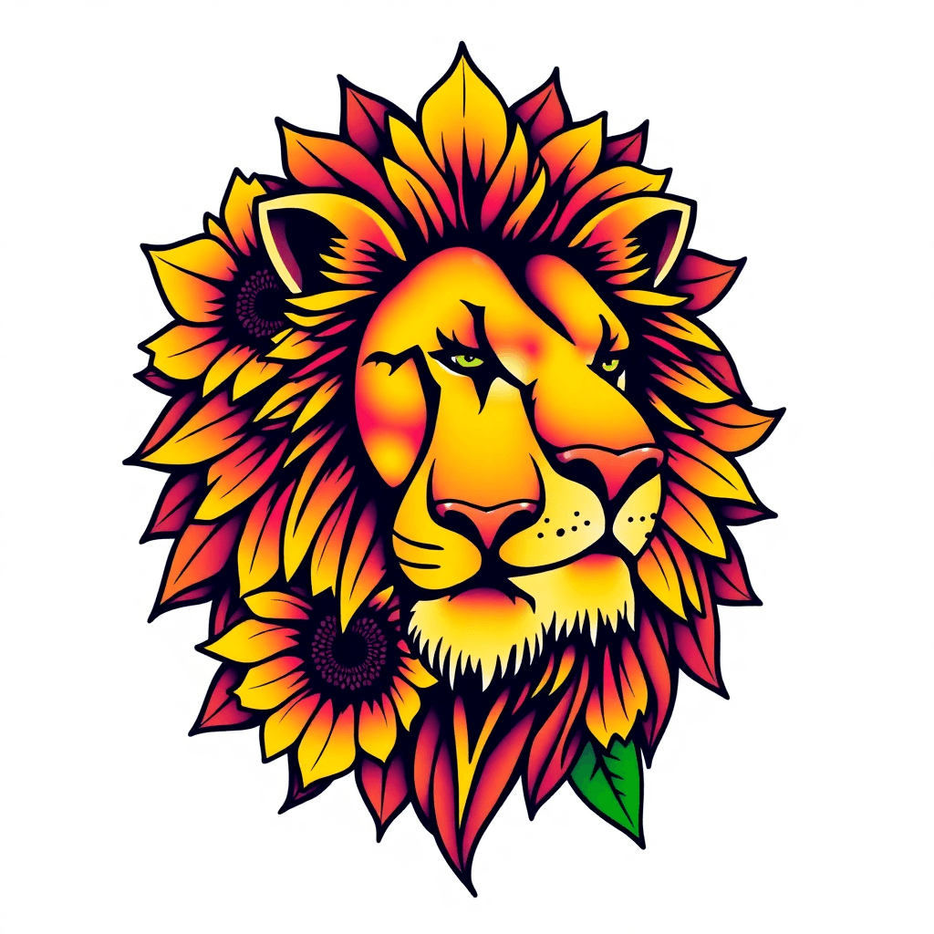 Lion Head With Sunflowers As The Mane