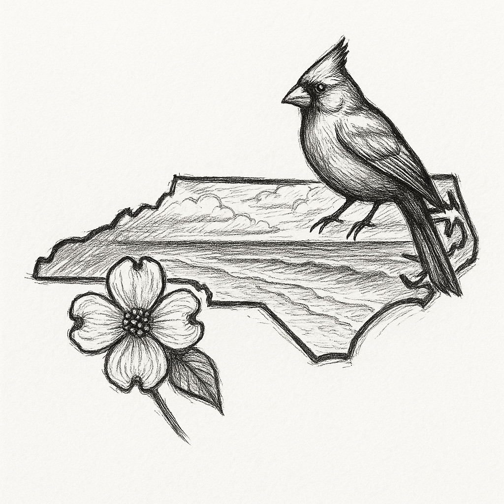 North Carolina Beach In State Outline With Cardinal And Dogwood Flower