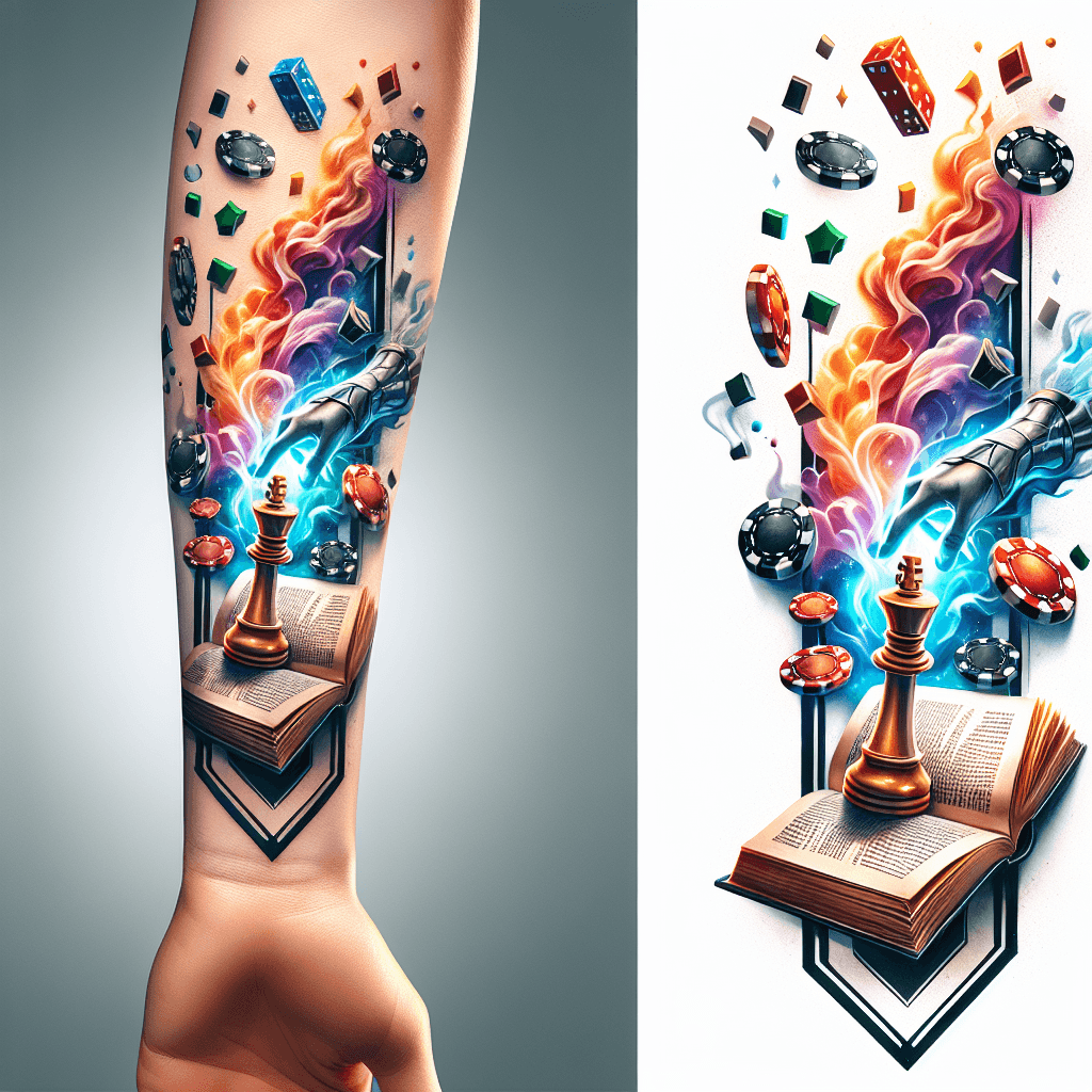 Forearm Tattoo Of An Open Book With Poker Chips And Chess Pieces Flying Up Out Of It With Smoke And Light Surrounded By A Frame