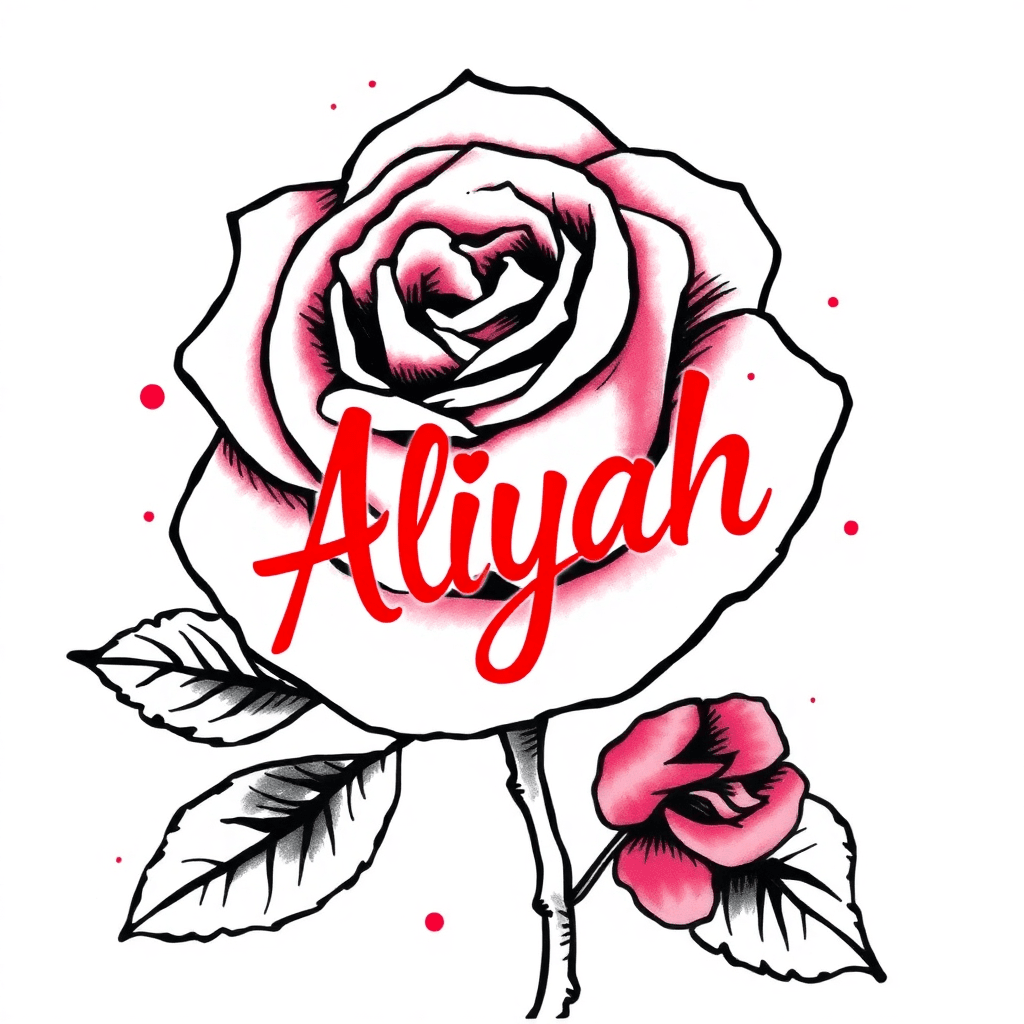 Rose Tattoo With Aliyah In Cursive Red And Black Ink