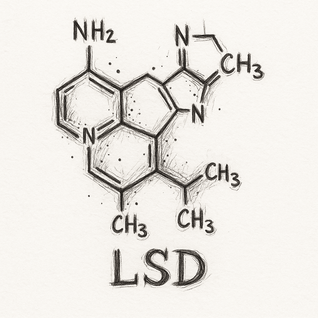 Lsd Molecule Drawn As Chemical Structure With Fine Line Art, Small Dotwork Accents Around The Bonds, Compact Symmetrical Design