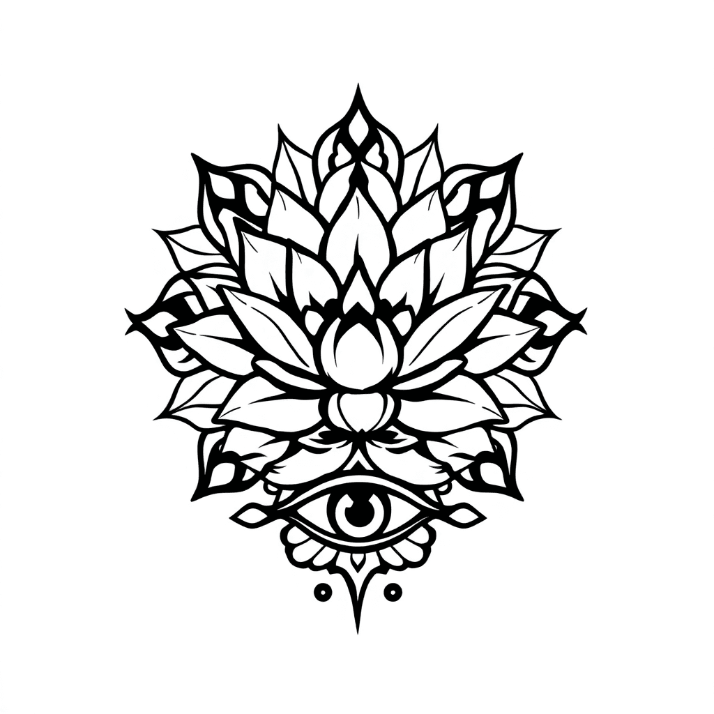 A Mandala, A Lotus Flower, Peony Flower, 3rd/ Evil Eye Below The Flower.