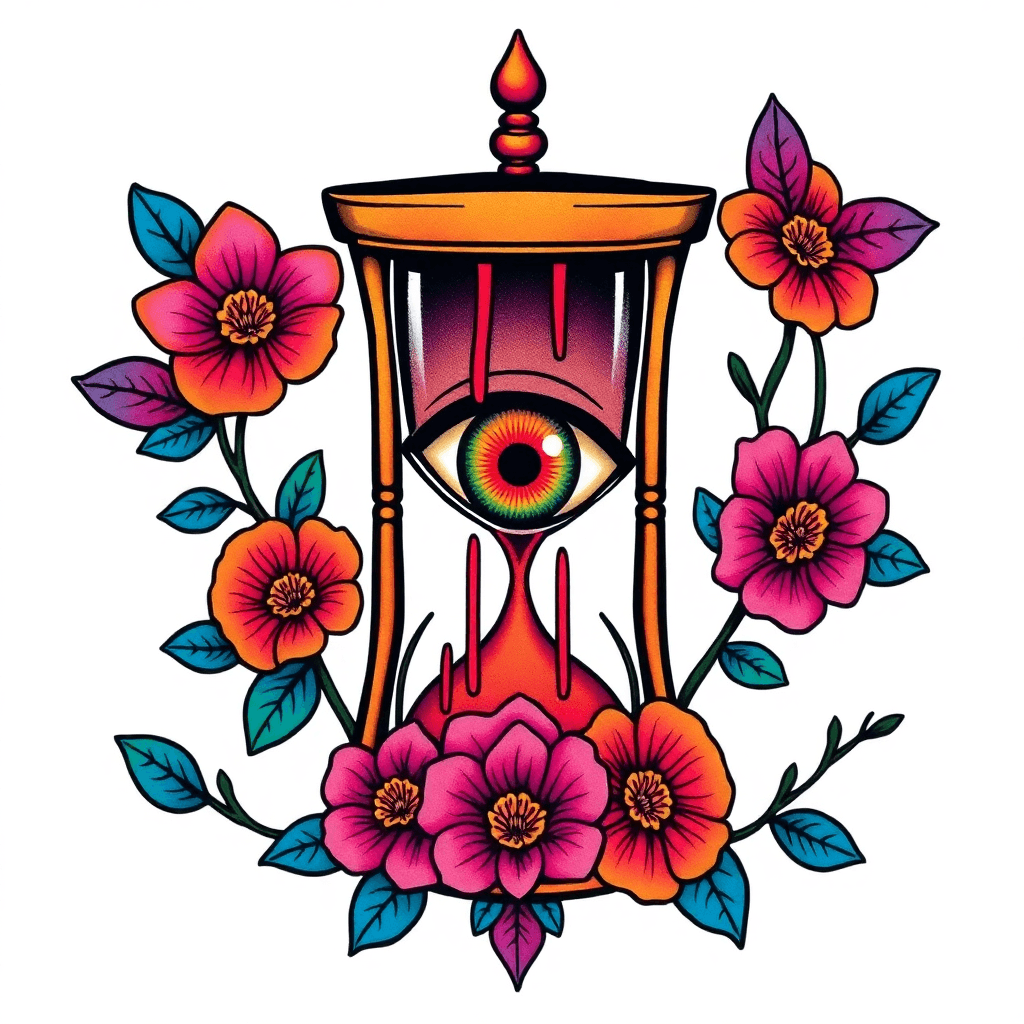 Traditional "Stencil of a trippy drippy all seeing eye inside of an hourglass with a warped vortex numerical code designs. Sticker style. Feminine floral lillie foliage" Tattoo Design