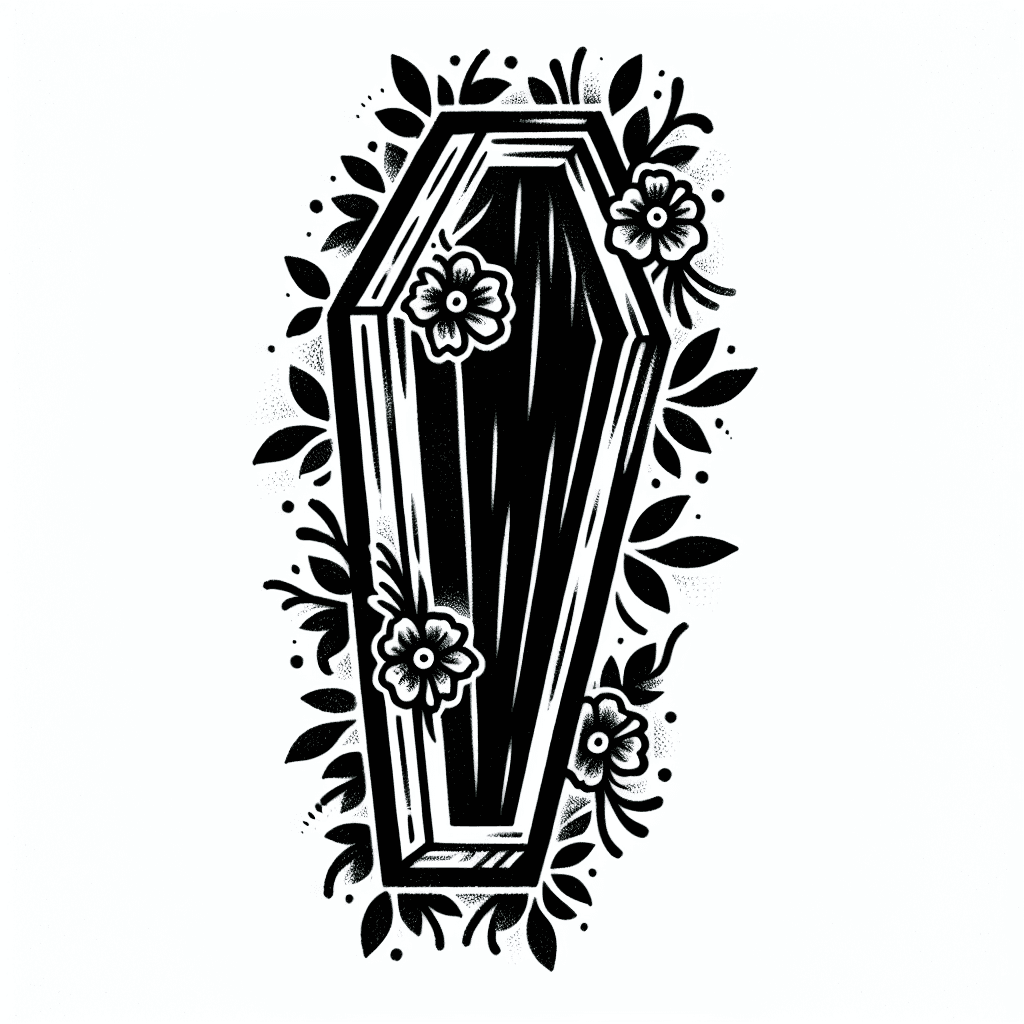 Black Filled Coffin Outline Bordered With Flowers