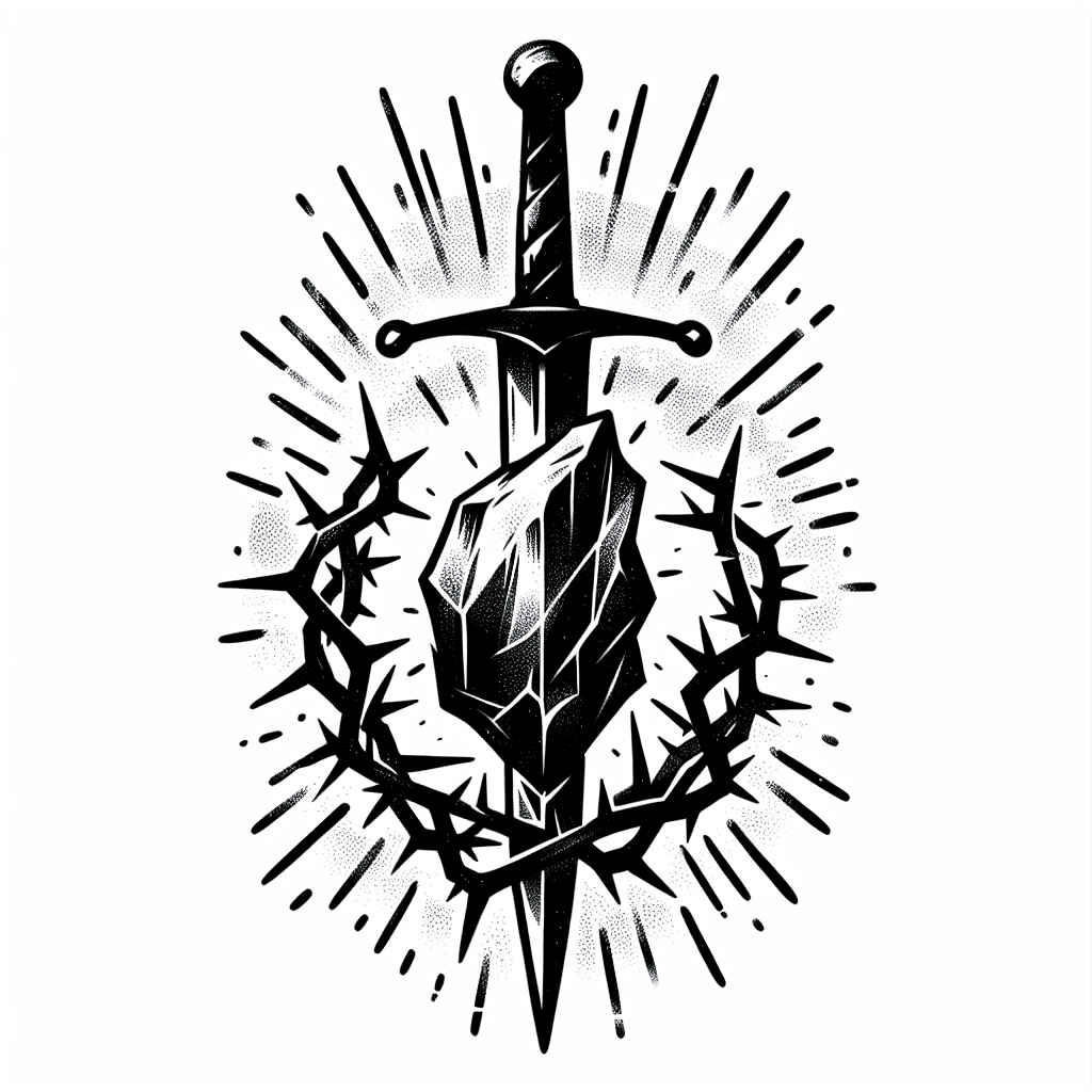 Uma Espada Rodeada De Espinhos Enfincada Em Uma Pedra Grande