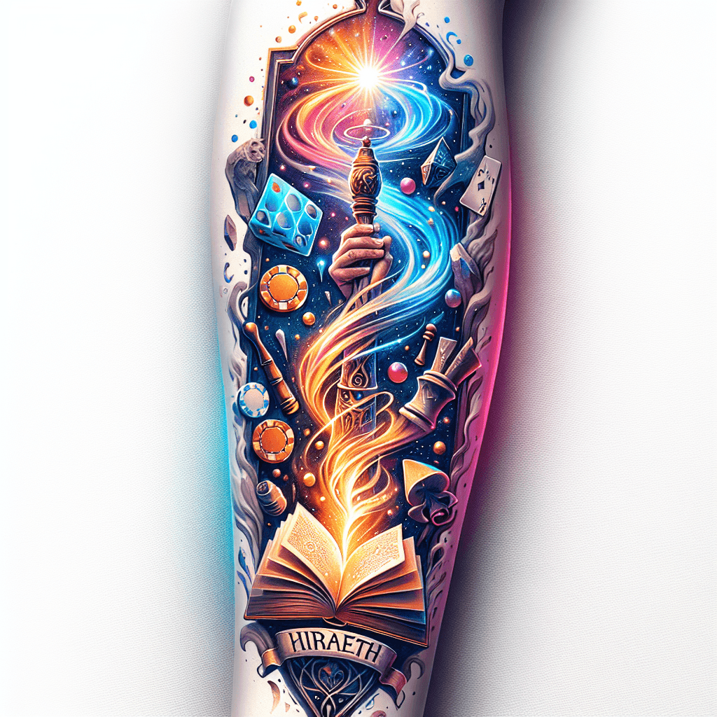 Forearm Tattoo Of An Open Book With Poker Chips And Chess Pieces Flying Out And Up With Smoke And Light And The Word “hiraeth” Carved In A Stone Banner