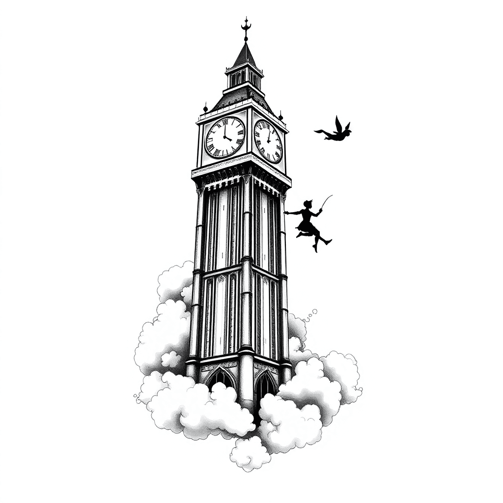 Clock Tower With Peter Pan Flying Surrounded By Clouds And Fog