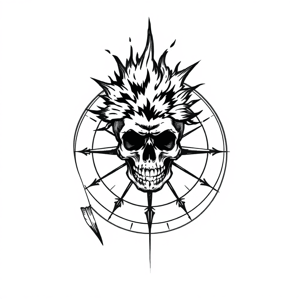 Make Me A Drawing Based On The Specific Elements -
a Quill,
a Trippy Skull With An Explosion On Top,
a Compass
the Compass Can Serve As A Background