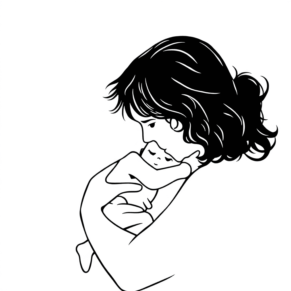Minimalist Single Line Tattoo Of A Father Holding His Young Daughter In His Arms, Emotional And Loving Pose, Symbolizing Deep Bond And Protection, Elegant Fine Line Style