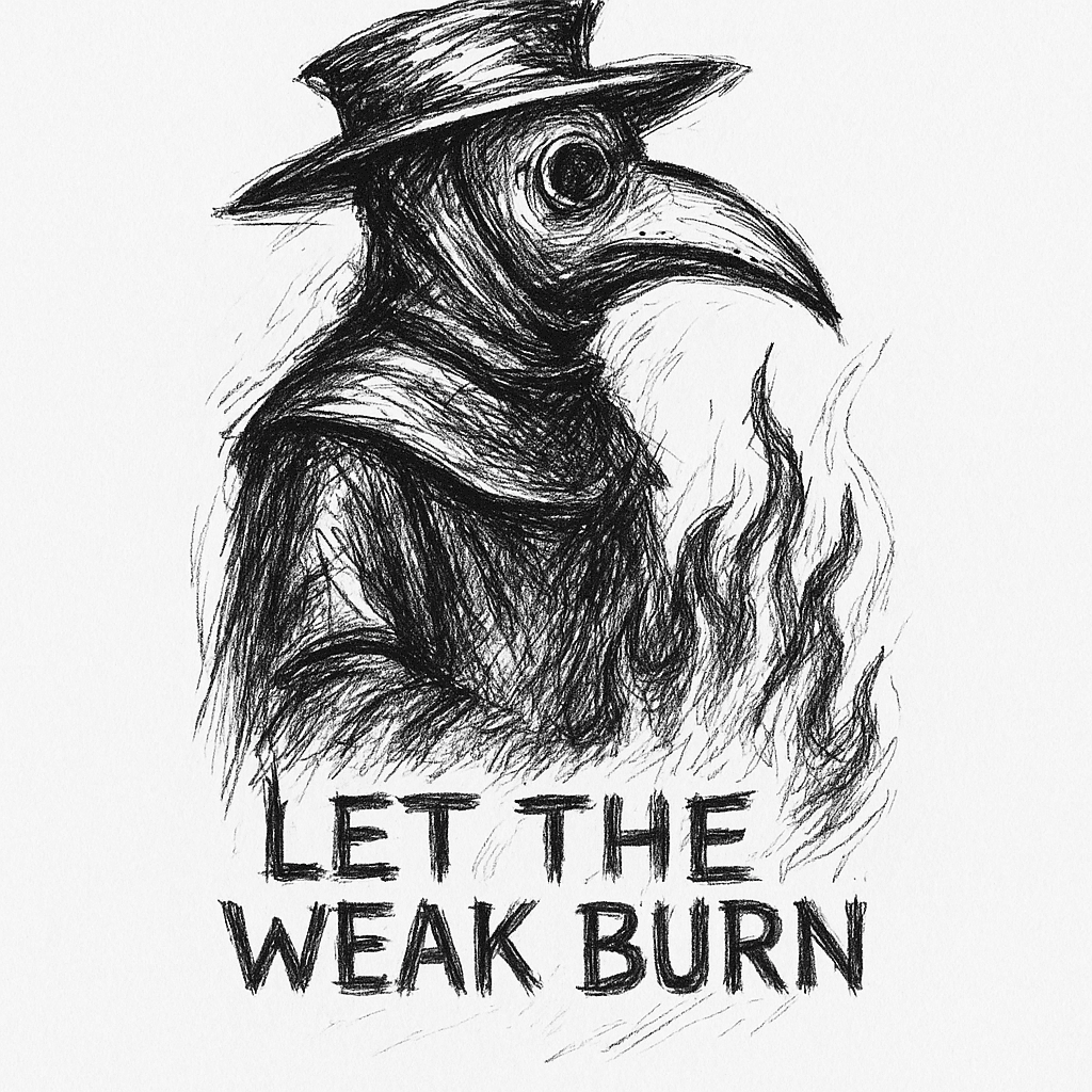 Black Ink Image Of A Plague Doctor With The "phrase "let The Weak Burn" Incorporated Into The Design. Tattoo Will Cover An Existing Tattoo