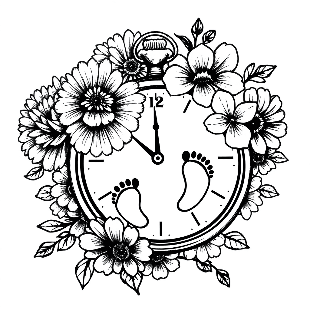 Delicate Baby Footprints Beneath A Bursting Pocket Watch, Entwined With Vibrant Chrysanthemum, Lotus, Daisy, Marigold, And Hyacinth Blooms.