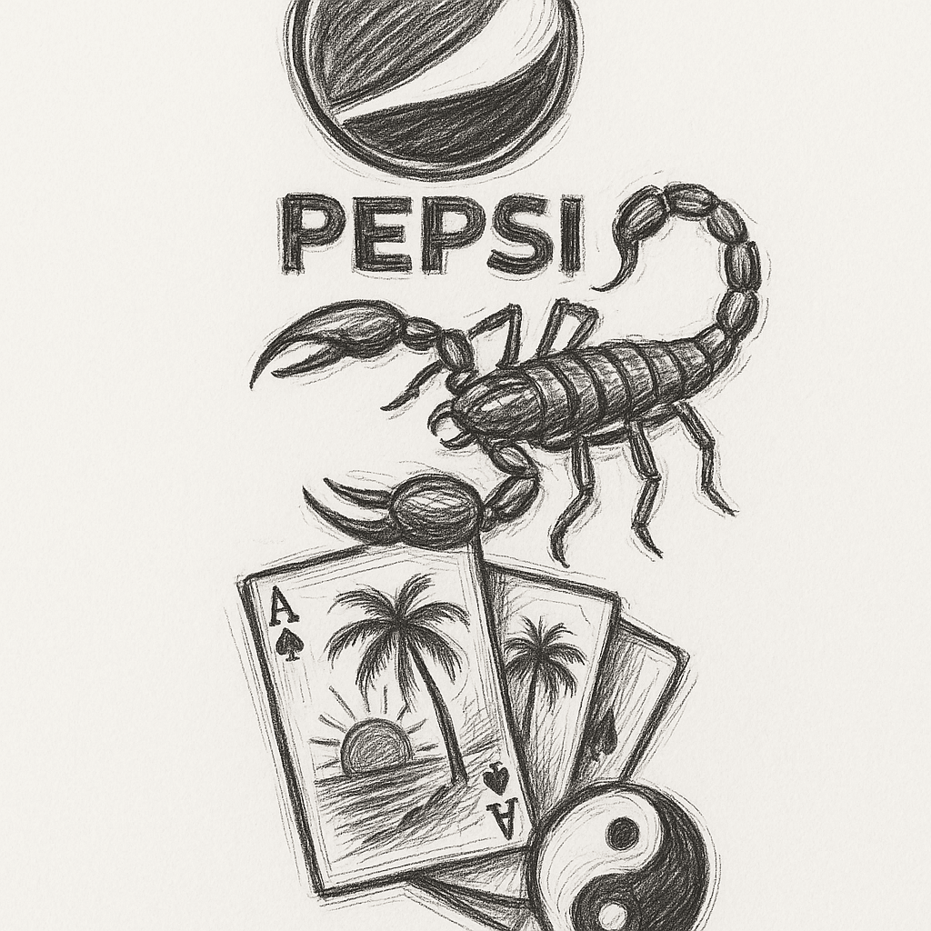 Make Me A Qtr Sleeve Tattoo With Pepsi Logo A Scorpion And A %%%@ Of Cards With Palm Trees And The Sun Ying Yang Sign With Black Arm