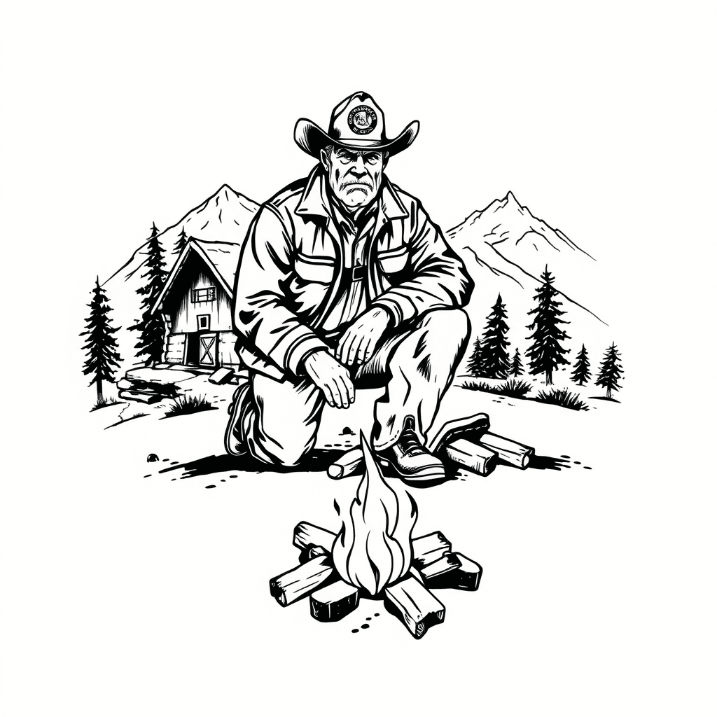 Retired Fire Chief Merged With Cowboy, Kneeling At An Old Rugged Crossed By A Campfire In The Mountains