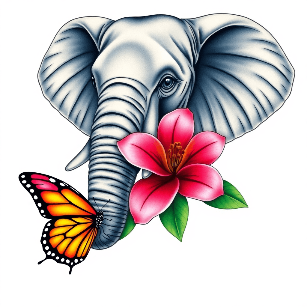 An Elephant Head On Top Of Azalea Flower With A Butterfly On The End Of It's Trunk
