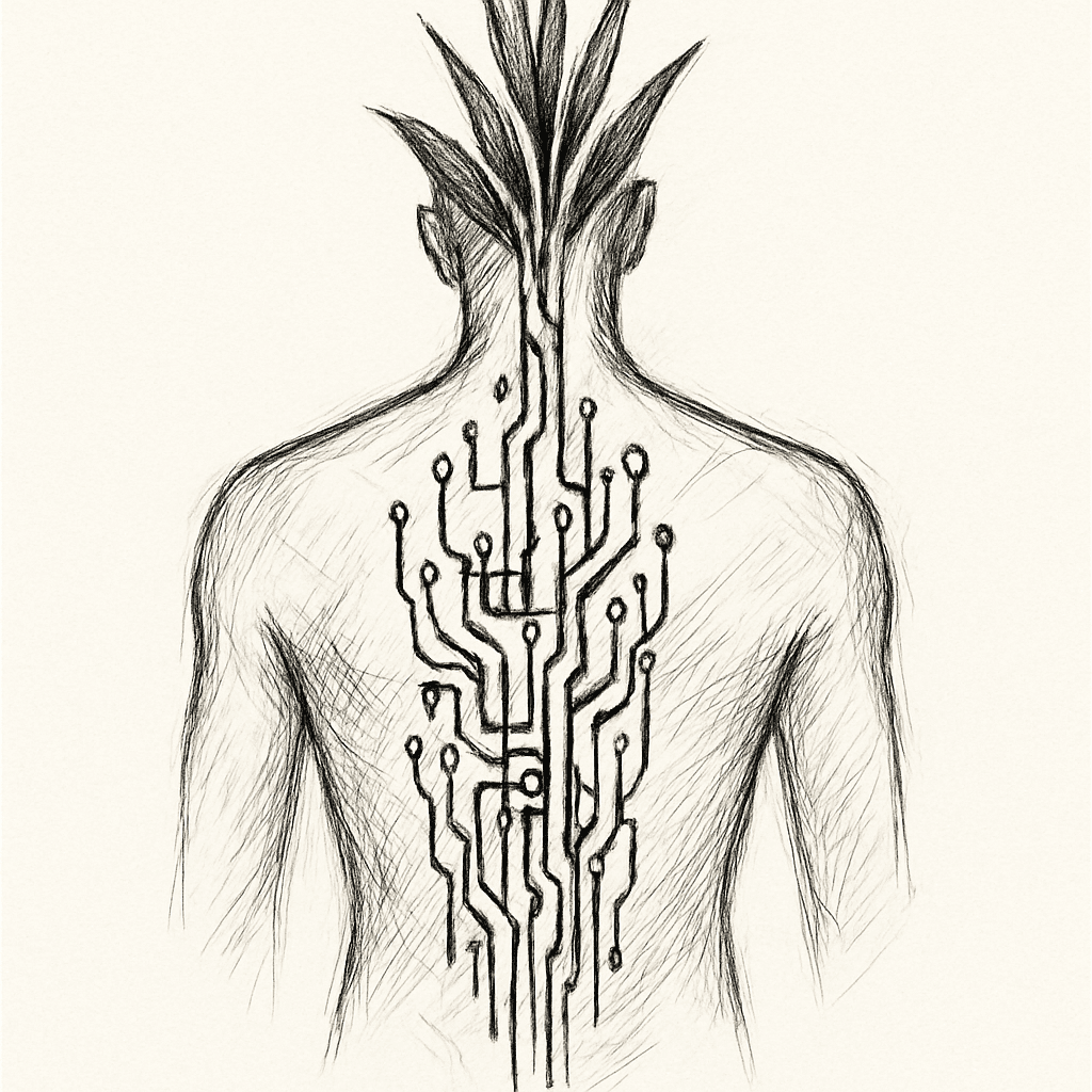 Full Back Tatoo With Circuitry Emerging From The Spine That Sprouts Plants At The Top With Sharp Long Blades / Leaves That Reach Up The Sides Of The Neck