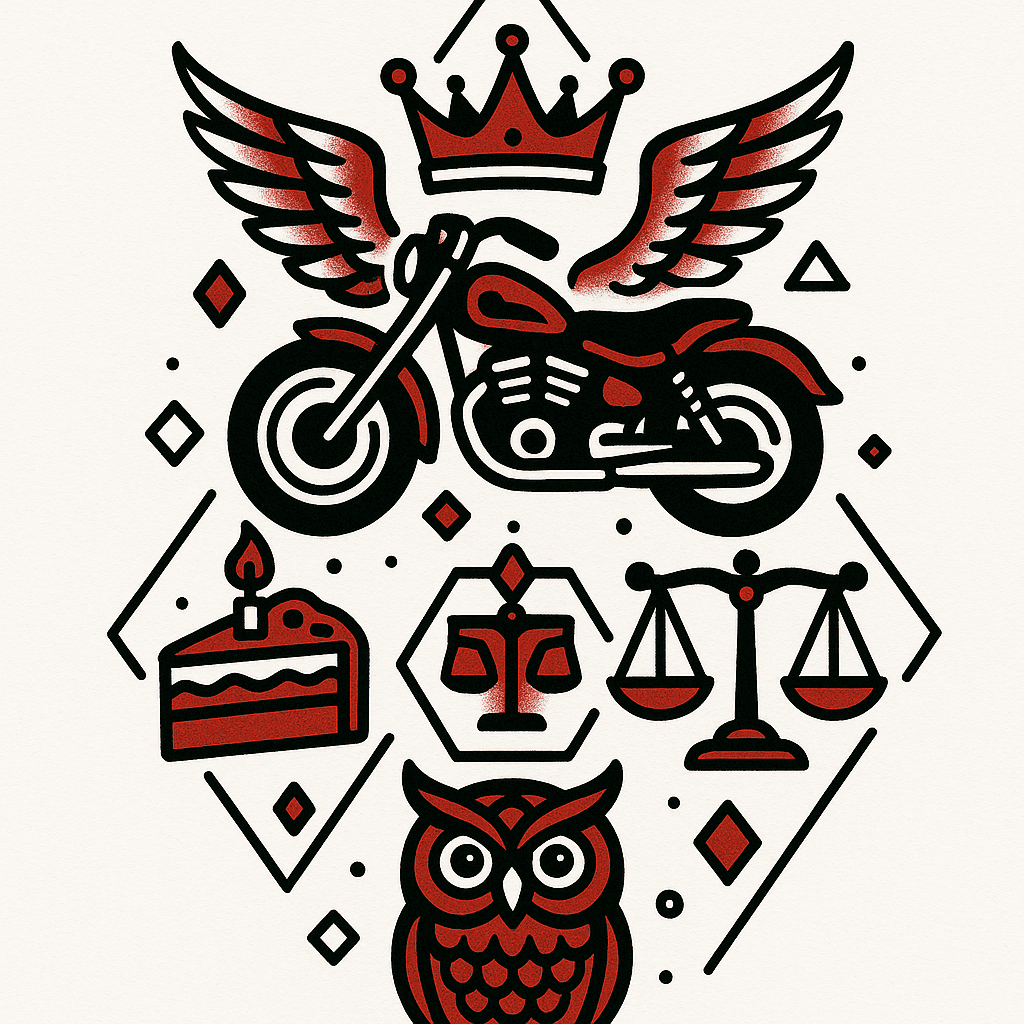 Motorbike With Wings, Crown, Cake, Scales, Owl. Lines, Triangles, Hexagons. Black And Red Colors Tattoo