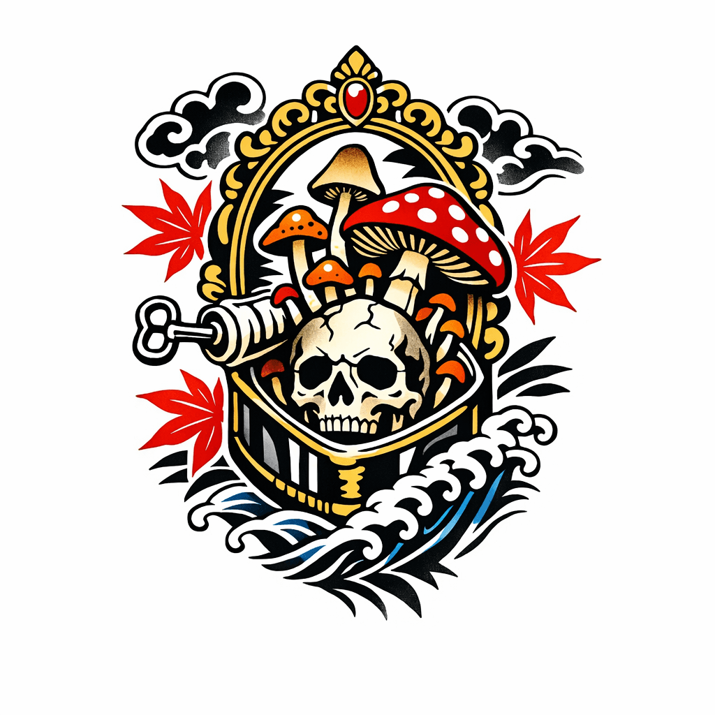 Skull Inside A Victorian Mirror, Opened Like A Sardine Can With Mushrooms Growing Out Of It