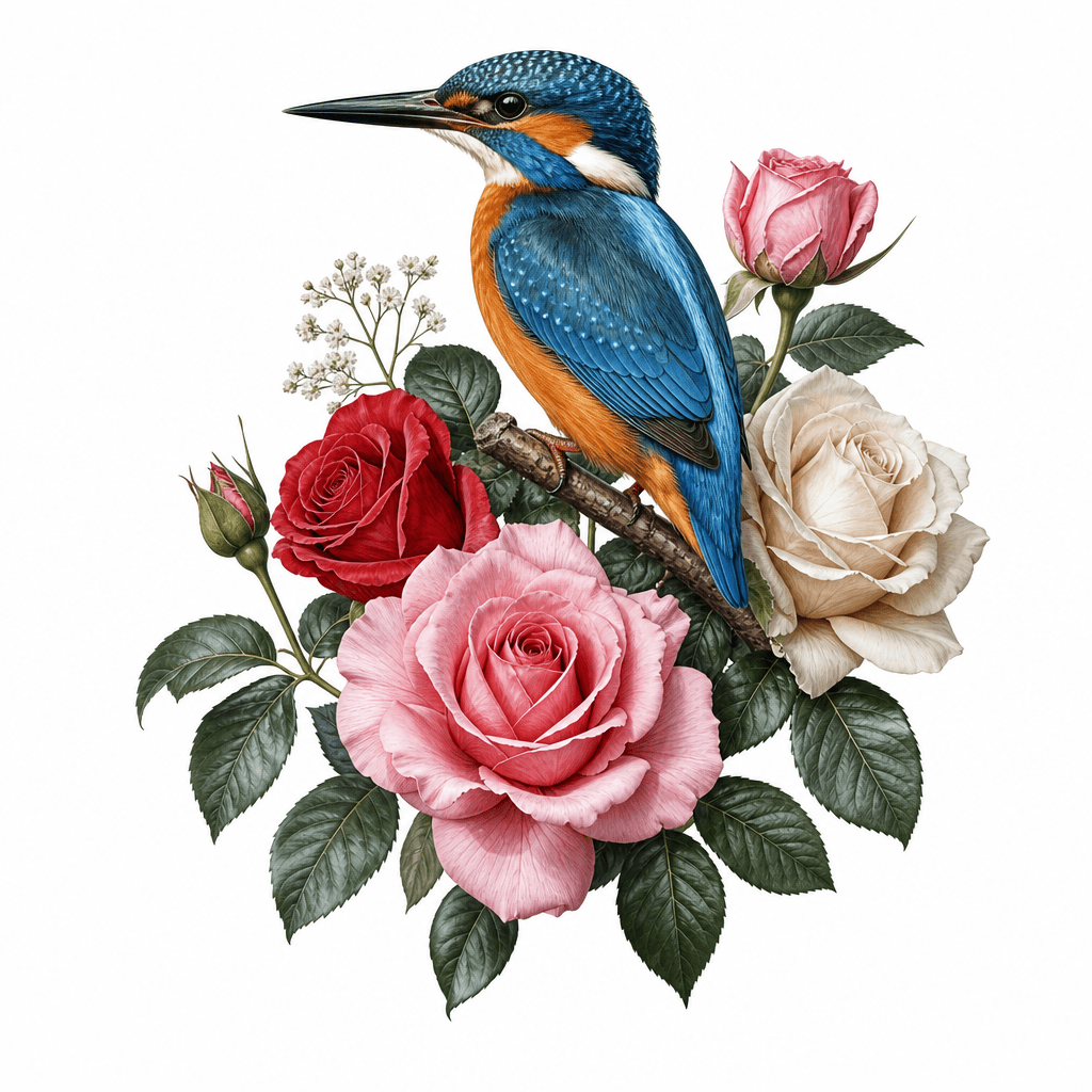 Kingfisher With Flowers, Roses