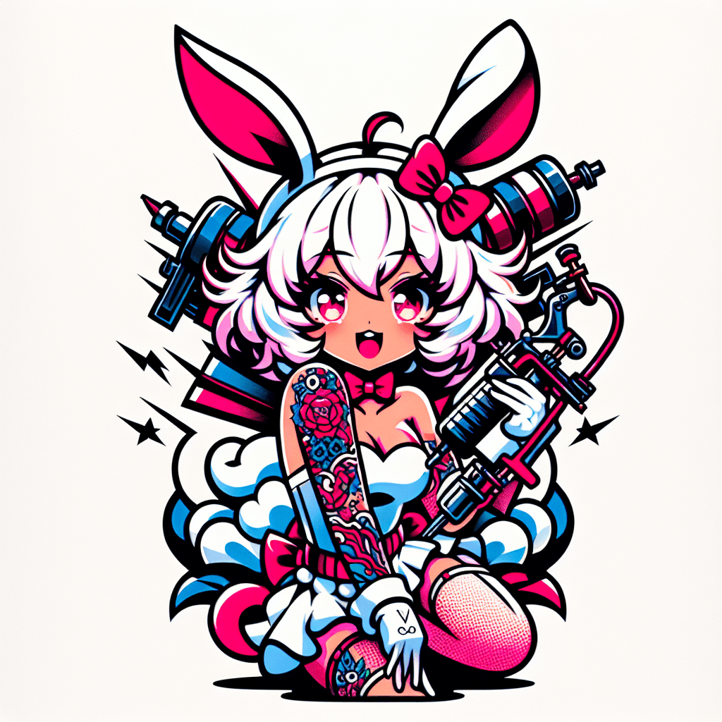 Anime Girl With White Cloud Hair And Bunny Ears With Pink Eyes, Plump Lips And Long Eyelashes Holding A Tattoo Gun Machine