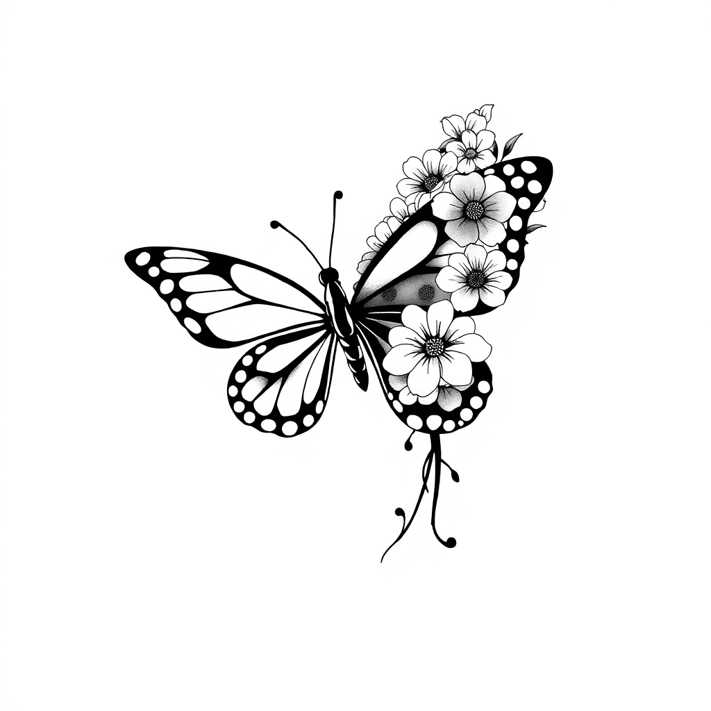 Butterfly With One Blacked Out Wing And One Wing Made Of Flowers