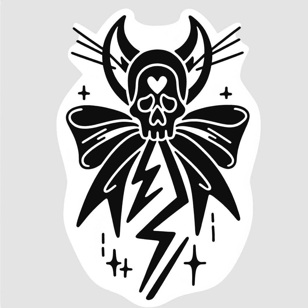 Single line "bow with pointy corners, Skull head in center," Tattoo Design