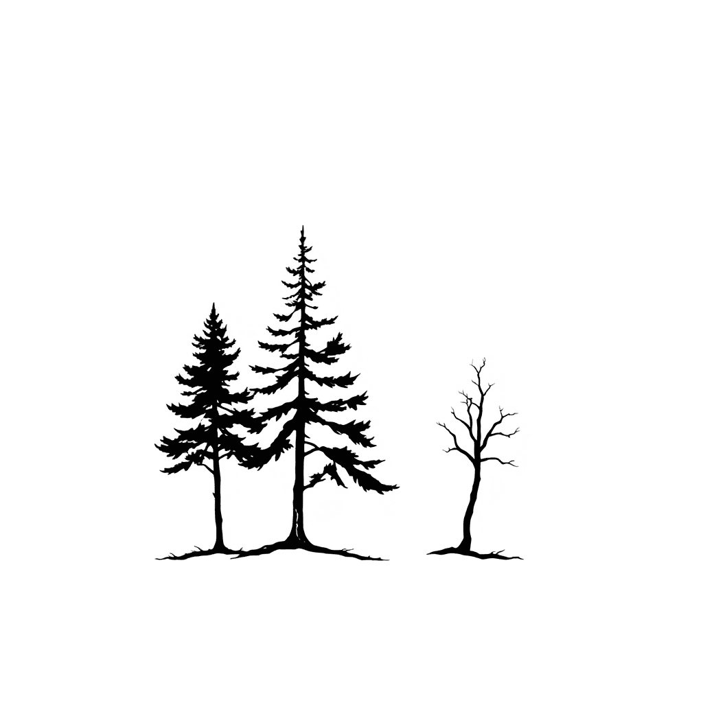 4 Tree Similar To Pine Drawed In A Minimalistic Way With Only A Single Line