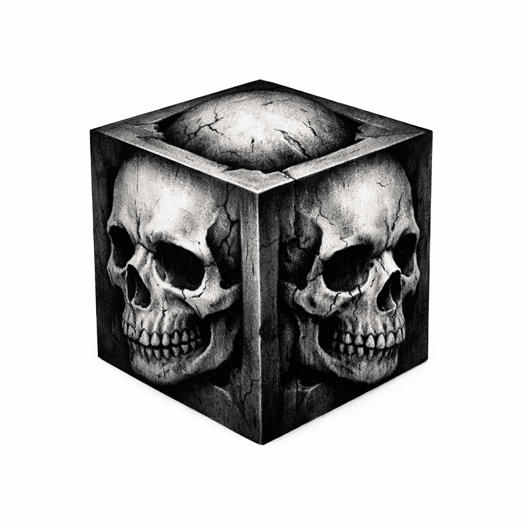 A 3d Box With A Skull In Eqch Of The Faces, Dark And Eerie. The Skulls Signify 3 Ex Wives