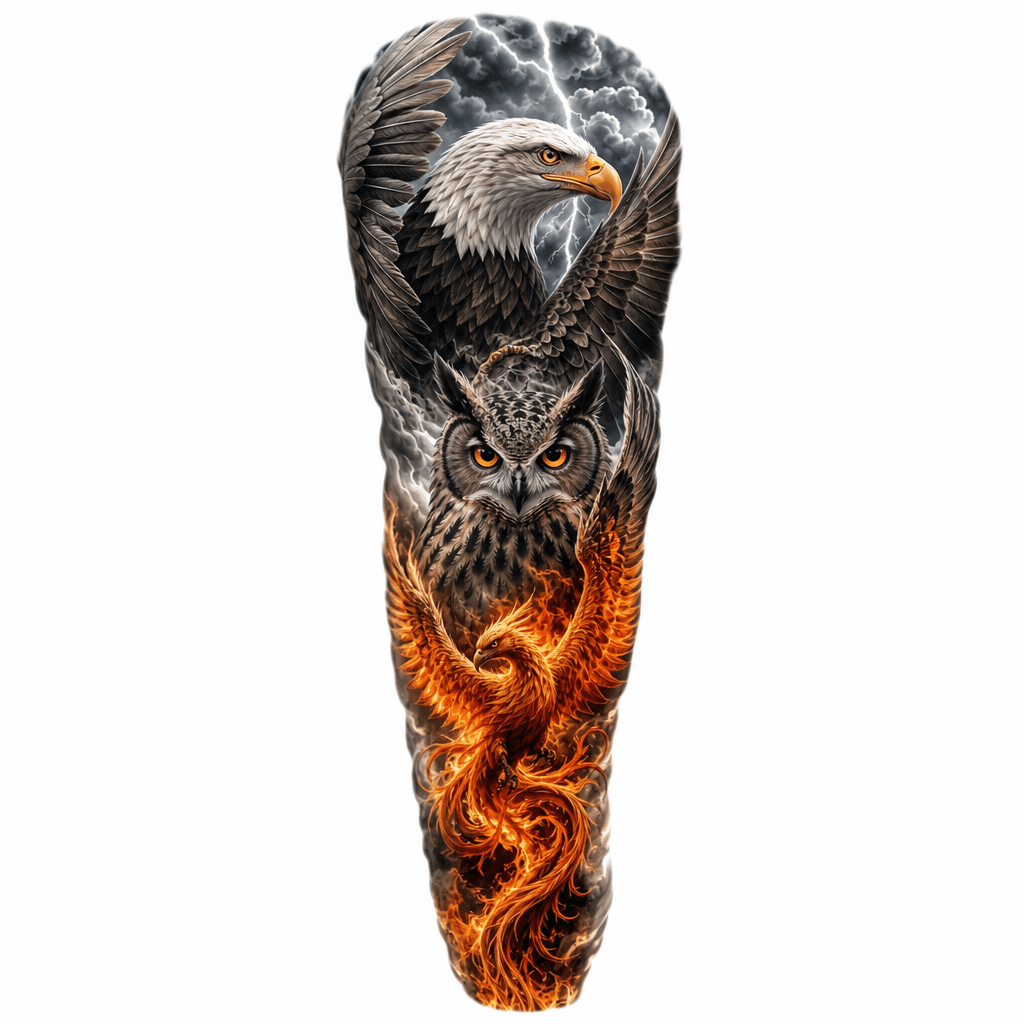 Create Full Sleve Of An Eagle ,owl And Flaming Phoniex With Meaning