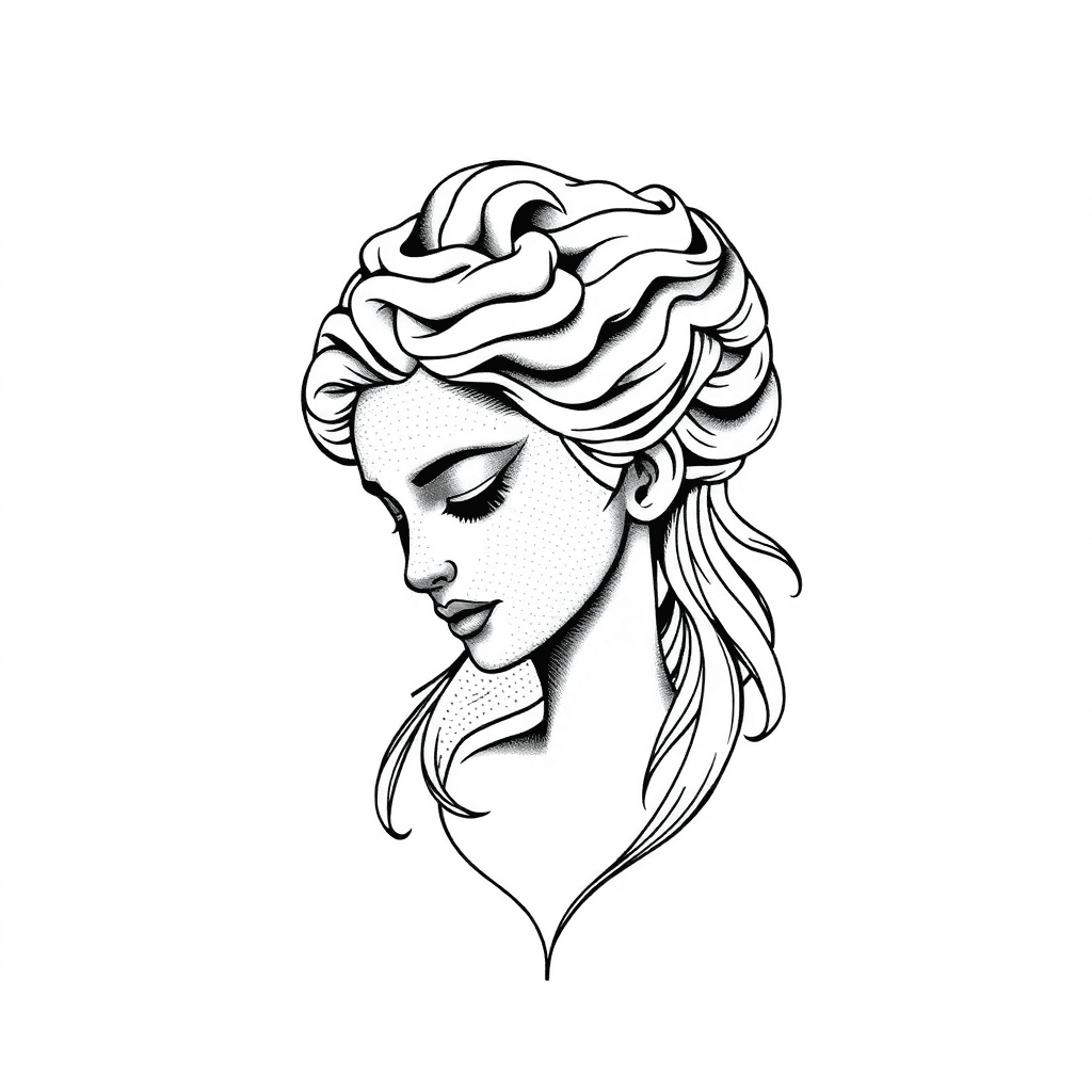 Generate A Finely Detailed Tattoo Design For A Medium-light Skinned Female Who Desires It On Her Shoulder. The Primary Feature Should Portray The Intricate Visage Of Homa's Sculpture Melded Exquisitel