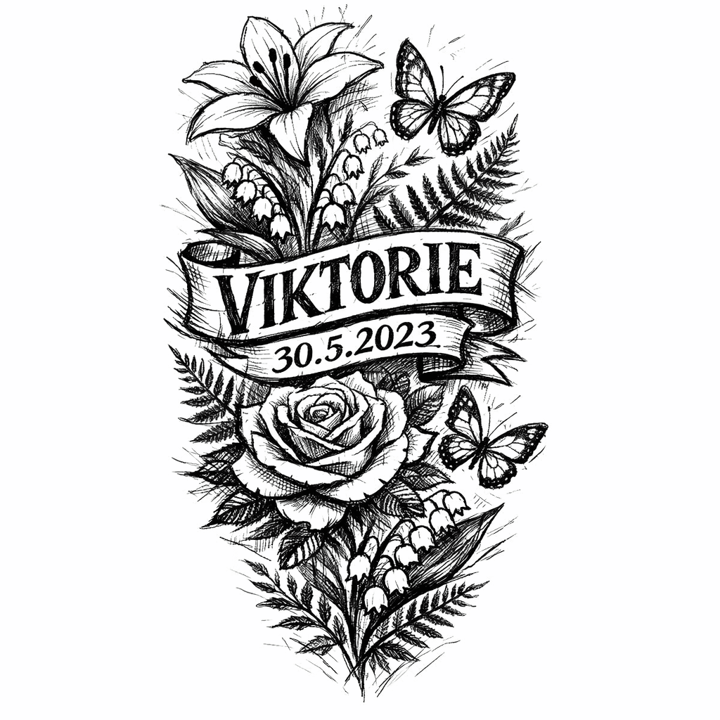 Tetování Rukáv Dámský Se Jménem Viktorie A Datem Narození 30.5.2023 Kolem Kapradí, Růže, Konvalinky, Lilie A Motýli. Spíše V Motorkářském Stylu