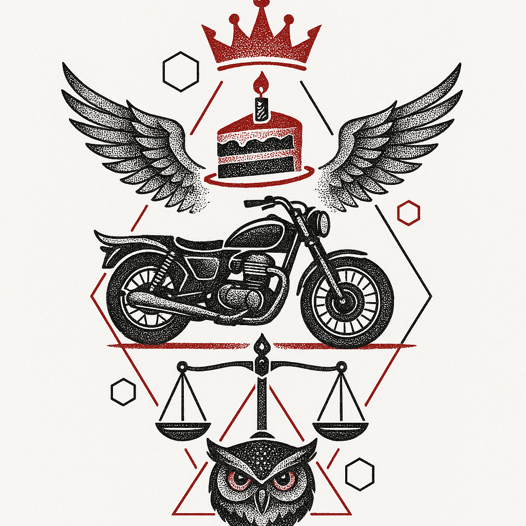 Motorbike With Wings, Crown, Cake, Scales, Owl. Lines, Triangles, Hexagons. Black And Red Colors Tattoo