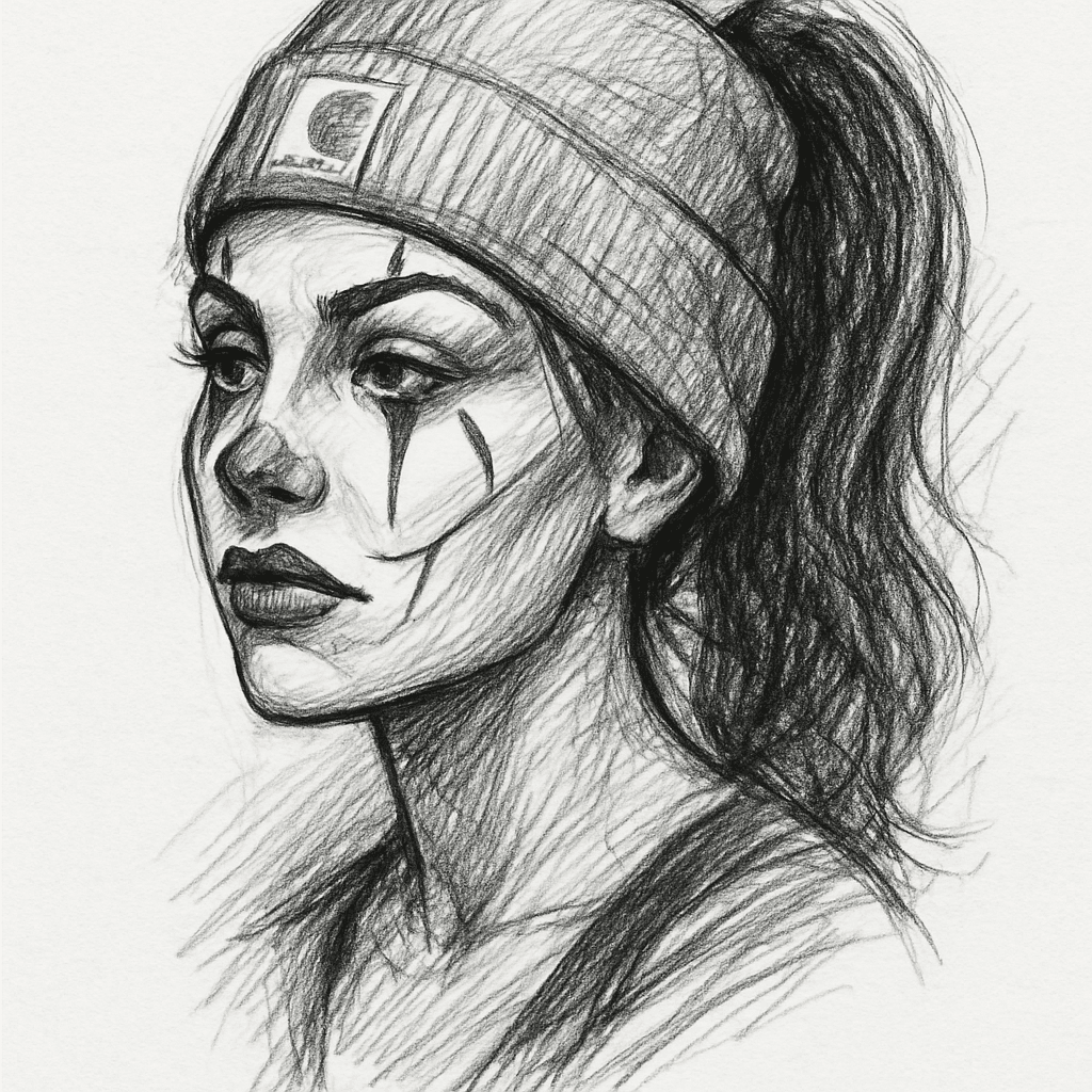 Tattoo Designs Of A Clown Makeup Girl In A Chicano Tattoo Designs Style With Pony Tail And Benie Hat With Carhar T Logo. The Portrait Is A Bust 3/4 Angle And Is In Back And Grey Photo Realistic Tatto