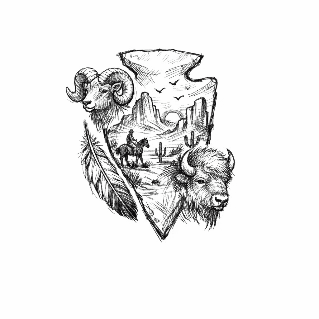 Western Scene With Arrowhead, Feather, Goat, Buffalo, All Fine Line Concept