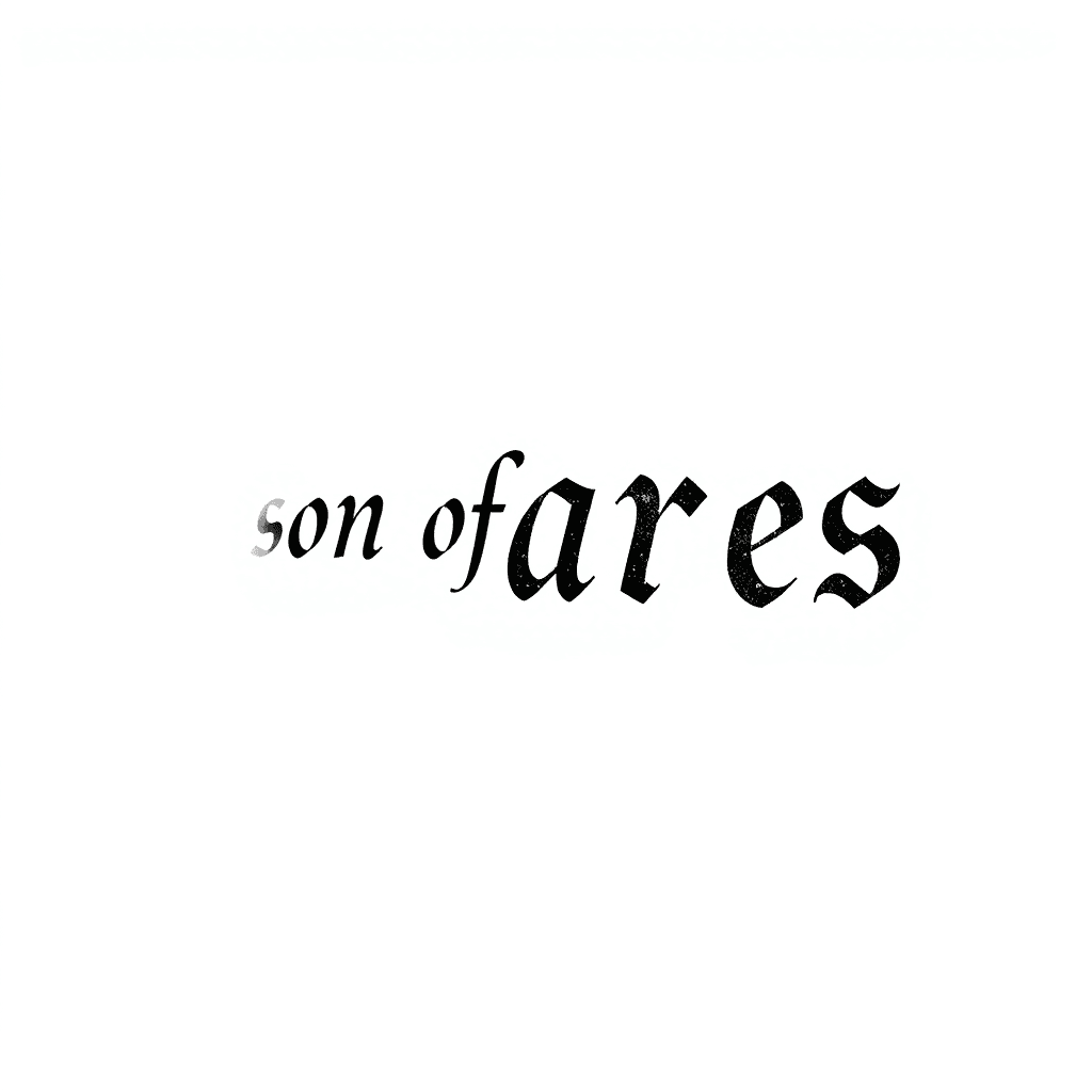 The Text "son Of Ares" On Right Shoulder On Side With 3 Correlating Icons Representing Ares